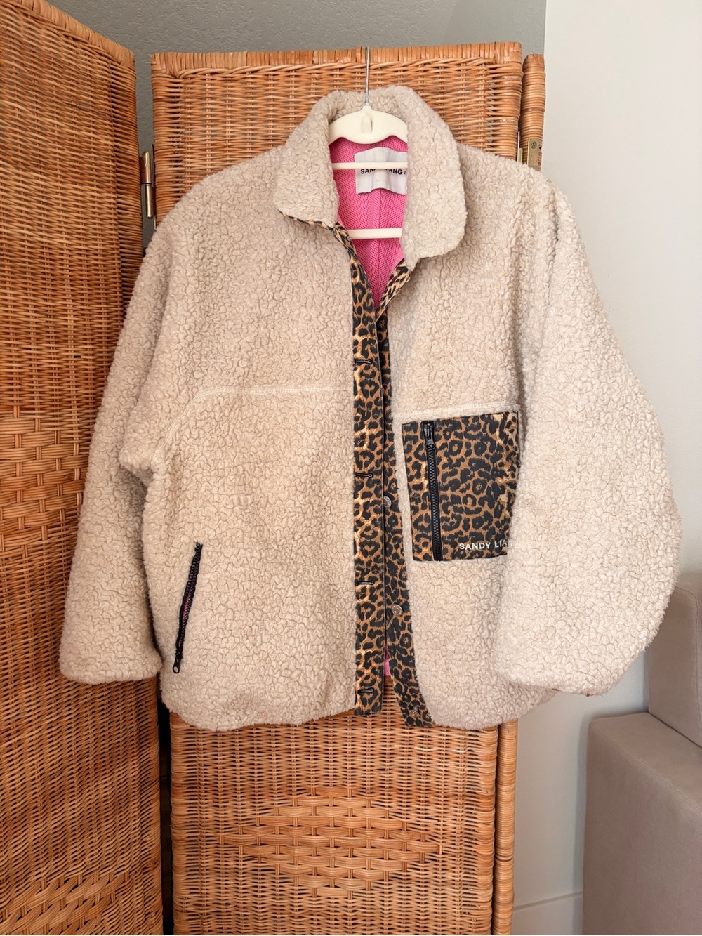 Sandy Liang Cream Sherpa Jacket with Leopard Trim